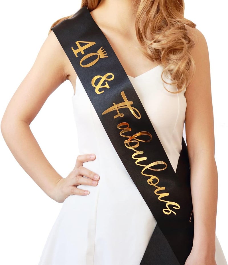 Docooniver 40th Birthday Sash for Women and Men 40&Fabulous Sash Black with Gold Foil Lettering - Image 1